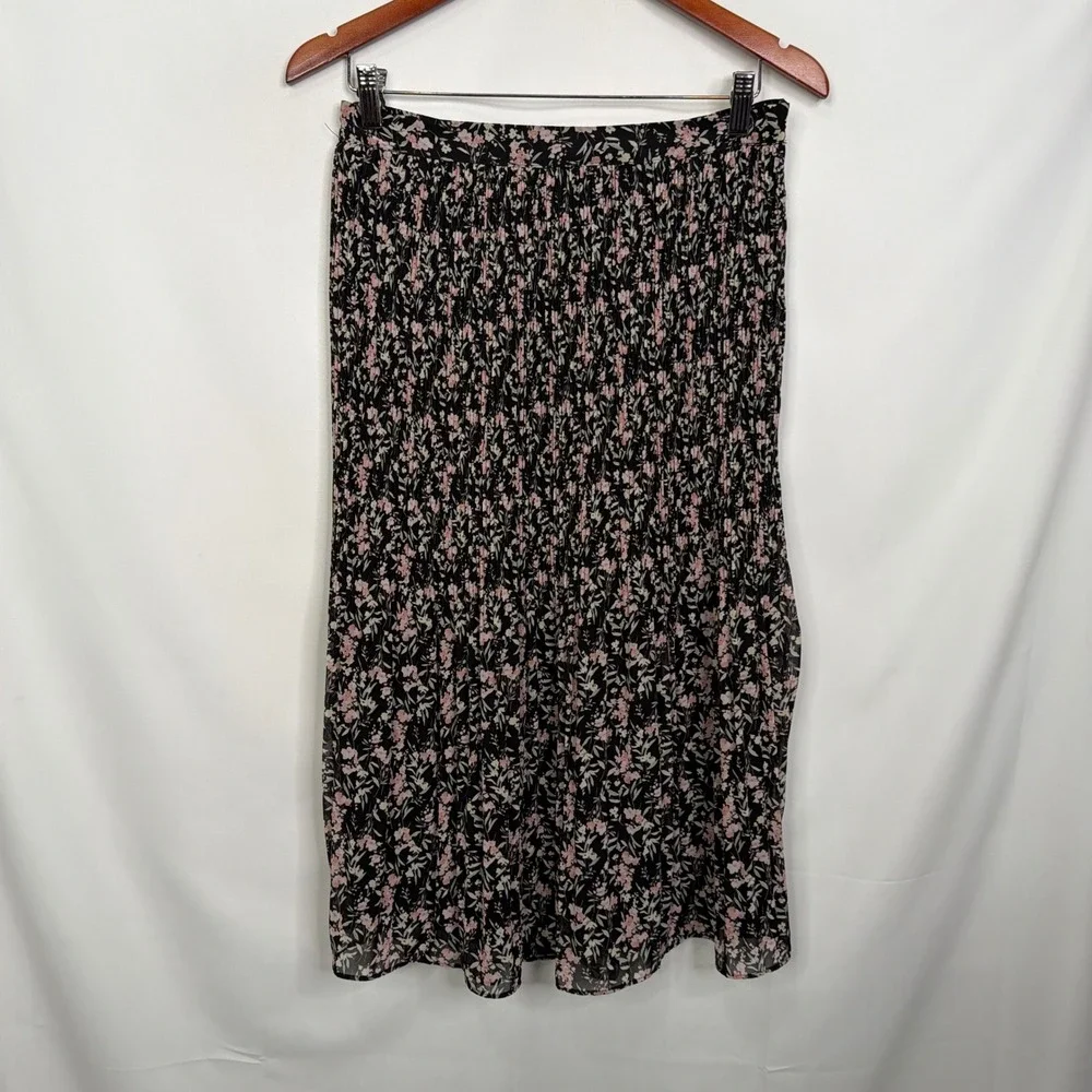 Skies Are Blue Floral Smocked Midi Skirt Black Pink Pleated MP NEW